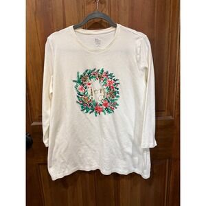 Kim Rogers Womens Long Sleeve Graphic T Shirt Cream Joy Wreath Print Size L NWOT